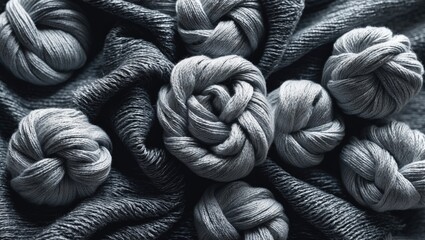 Poster - Various gray yarn balls arranged artistically on a textured gray fabric background in monochrome tones.