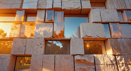 Poster - modern architecture featuring textured stone blocks with reflections of surrounding greenery and lig