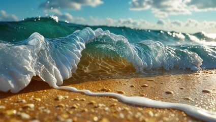Poster - Close up of sea waves crashing on golden sandy beach under a bright summer sky creating a serene and picturesque natural landscape.