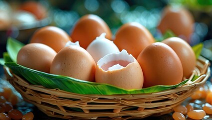 Poster - Closeup view of a wicker basket containing salted eggs with one cracked open placed on vibrant green leaves.