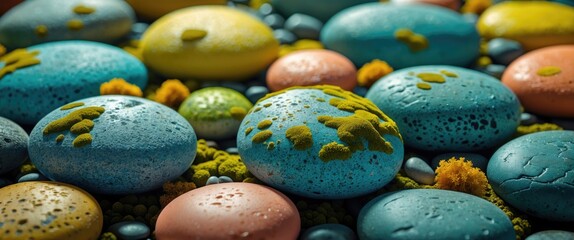 Poster - Colorful decorative stones with unique textures and patterns arranged on a textured surface with moss and plants.