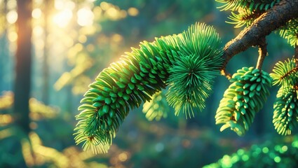 Poster - Close-up of vibrant green pine cones and foliage on a pine tree branch illuminated by sunlight in a serene forest setting.