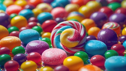 Poster - Vibrant assortment of assorted candies with lollipop centerpiece on a colorful background ideal for sweet treats and festive promotions
