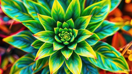 Poster - Vibrant close-up of a decorative green plant showcasing symmetrical leaf patterns and rich hues of green and yellow.