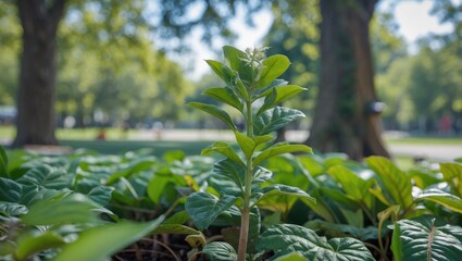 Poster - Lush greenery of young plant growing in park showcasing nature's beauty and tranquility on a sunny day with blurred background.