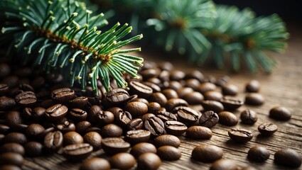 Poster - Coffee beans with fir-tree branches creating a cozy and aromatic atmosphere in soft focus on rustic wooden background.