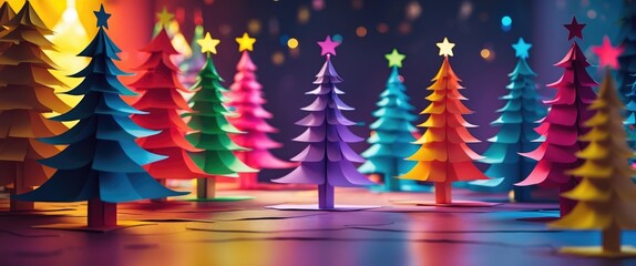 Aufkleber - Colorful paper Christmas trees in a minimalist setting creating a vibrant festive atmosphere for holiday celebrations.