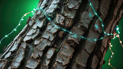 Poster - Close-up of tree bark adorned with colorful fairy lights against a dark green background