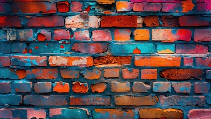 Aufkleber - Colorful closeup of a weathered brick wall showcasing various stains and textures ideal for urban or artistic backgrounds.