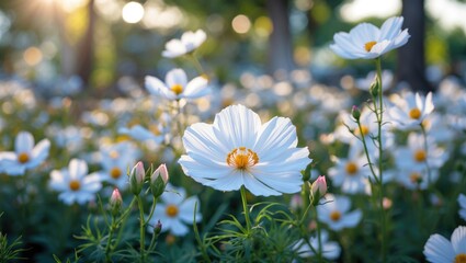 Poster - White flowers in a vibrant field during golden hour with soft background bokeh effect and fresh green foliage