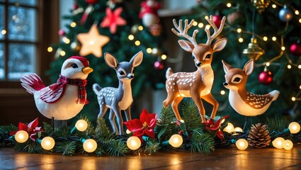 Poster - Festive Holiday Decorations Featuring Colorful Bird and Fawn Ornaments Amidst Christmas Lights and Greenery on a Wooden Table