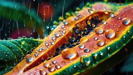 Poster - Close up of water droplets on vibrant papaya leaf capturing the essence of a refreshing rainy season with lush greenery.