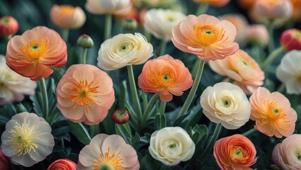 Wall Mural - Colorful closeup of ranunculus flowers in spring blooms creating a vibrant floral display for use in backgrounds or patterns.