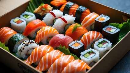Poster - Colorful Sushi Assortment in Delivery Box with Fresh Fish and Vegetables on Green Leaves