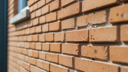 Poster - close-up view of textured orange brick wall with window frame element in background highlighting con