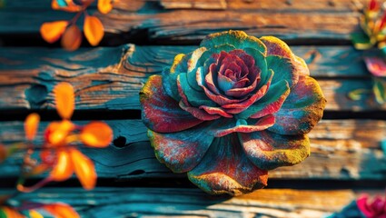 Aufkleber - Close up of a vibrant succulent on a textured wooden background showcasing natural colors and intricate details in a serene setting.