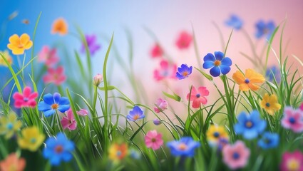 Aufkleber - Vibrant abstract background featuring soft blurred colorful flowers and lush green grass, perfect for postcards and creative designs.