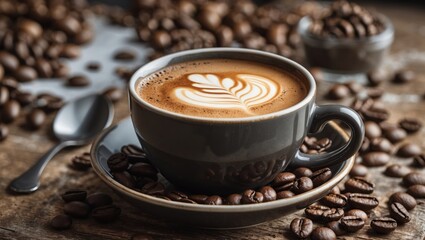Poster - Freshly Brewed Coffee with Cream Artfully Poured and Surrounded by Coffee Beans on Rustic Wooden Table