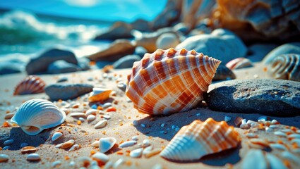 Poster - Close up of colorful seashells and pebbles on sandy beach with gentle waves in the background under bright sunny sky