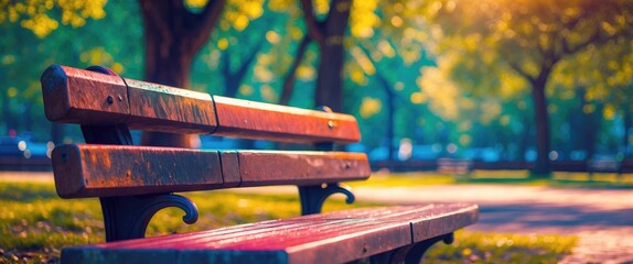 Aufkleber - Close up of a wooden bench surrounded by vibrant trees in a sunlit park creating a serene outdoor atmosphere