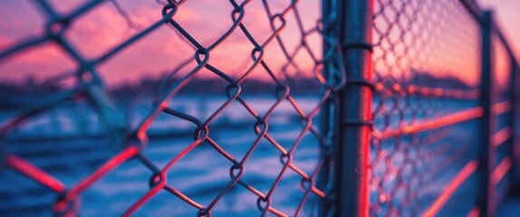Aufkleber - Close up view of chain link fence with vibrant colors fading into a beautifully blurred background at sunset.