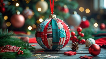 Poster - Traditional patchwork Christmas decoration ball with sewing accessories and festive background showcasing holiday spirit and creativity