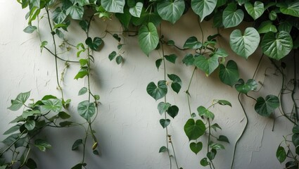 Poster - green leafy vines growing against a textured light-colored wall creating a natural aesthetic in indo