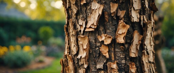 Aufkleber - Closeup of textured dry bark on an old tree with a softly blurred garden background creating a natural and serene atmosphere.