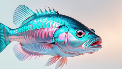 Poster - Vibrant colorfully illuminated fish swimming gracefully against a soft white background showcasing its intricate details and scales.