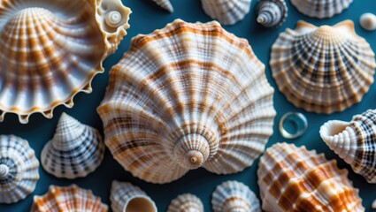Poster - Detailed Close Up of Various Ocean Shells Displayed on a Blue Background Showcasing Natural Patterns and Textures in Marine Life.