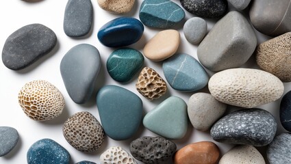 Poster - Close-up view of a diverse collection of smooth ocean stones in various colors and textures isolated on a white background.