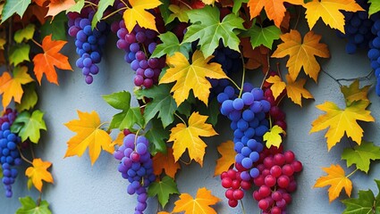 Aufkleber - Vibrant autumn leaves and colorful grape ivy climbing a wall showcasing nature's seasonal beauty and rich hues.