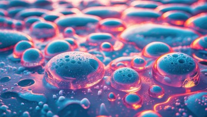 Poster - Colorful abstract close-up of water droplets with reflections and bubbles on a smooth surface illuminated by soft light