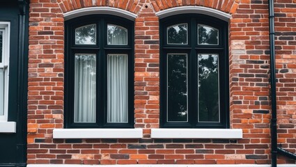Poster - traditional brick wall with two black framed windows and white trim surrounded by red bricks and a g