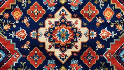 Poster - Colorful traditional floral pattern on a dark background with intricate geometric designs and vibrant colors