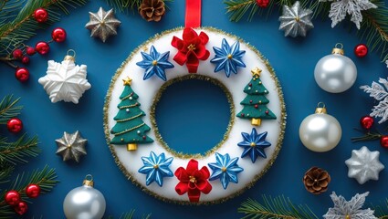Poster - Advent wreath adorned with festive ornaments on a blue background, showcasing a delightful arrangement for Christmas celebrations.