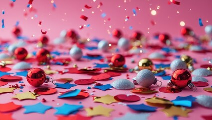 Poster - Colorful festive confetti and ornaments scattered on a pink background ideal for holiday-themed designs or web banners.