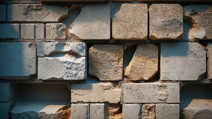 Poster - textured wall of unevenly shaped stone blocks in various shades of beige and gray with visible weath
