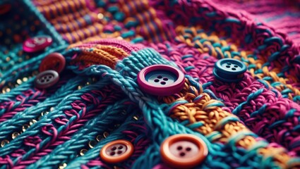 Aufkleber - Colorful knit sweater detail featuring vibrant buttons and intricate patterns showcasing textile craftsmanship and design artistry.