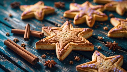 Poster - Cinnamon star biscuits arranged on rustic wooden table with cinnamon sticks and star anise creating a cozy festive atmosphere