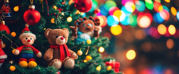 Poster - Christmas tree adorned with colorful toys and ornaments, featuring a blurred backdrop of vibrant festive lights.