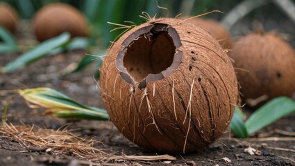 Poster - Close-up of a damaged coconut with a hole on the ground surrounded by foliage highlighting wildlife interaction and natural decay process.