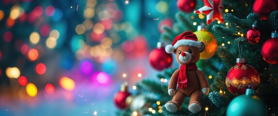 Poster - Christmas tree decorations featuring a teddy bear and colorful ornaments with blurred festive lights in the background.