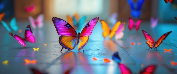 Aufkleber - Vibrant butterflies in motion on a textured floor with selective focus, creating a surreal and colorful atmosphere.