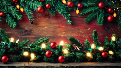 Aufkleber - Festive Christmas background featuring fir branch garland adorned with lights and ornaments on rustic wooden surface