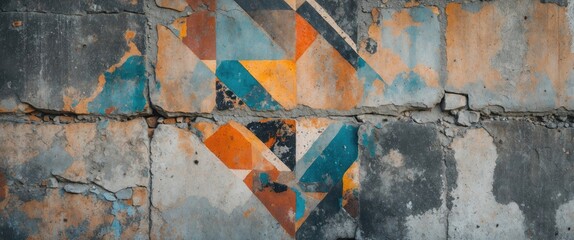 Aufkleber - Closeup of vibrant abstract geometric patterns on a weathered concrete wall showcasing textures and colors for artistic backgrounds.