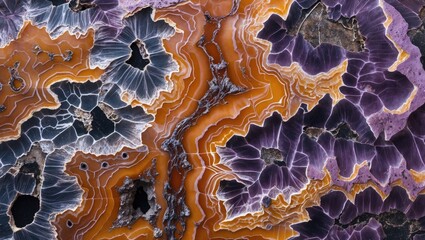 Aufkleber - Polished dendritic rhyolite slab showcasing intricate patterns and vibrant colors typical of this unique igneous rock from Mexico