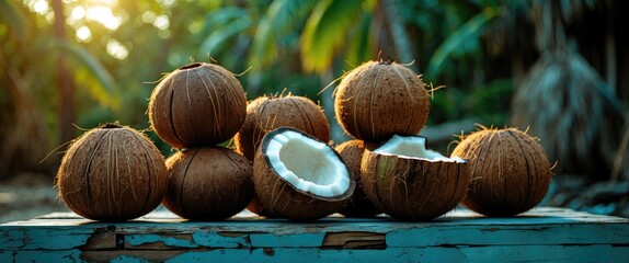 Poster - Fresh coconuts arranged on weathered wood with lush tropical background showcasing natural textures and earthy tones