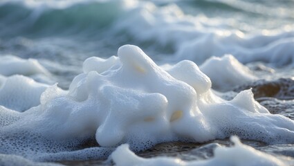 Aufkleber - Closeup of textured white sea foam gently resting on a sandy beach shore with waves rolling in the background
