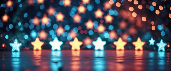 Poster - colorful bokeh of star shaped lights in various colors creating a festive background with a reflecti